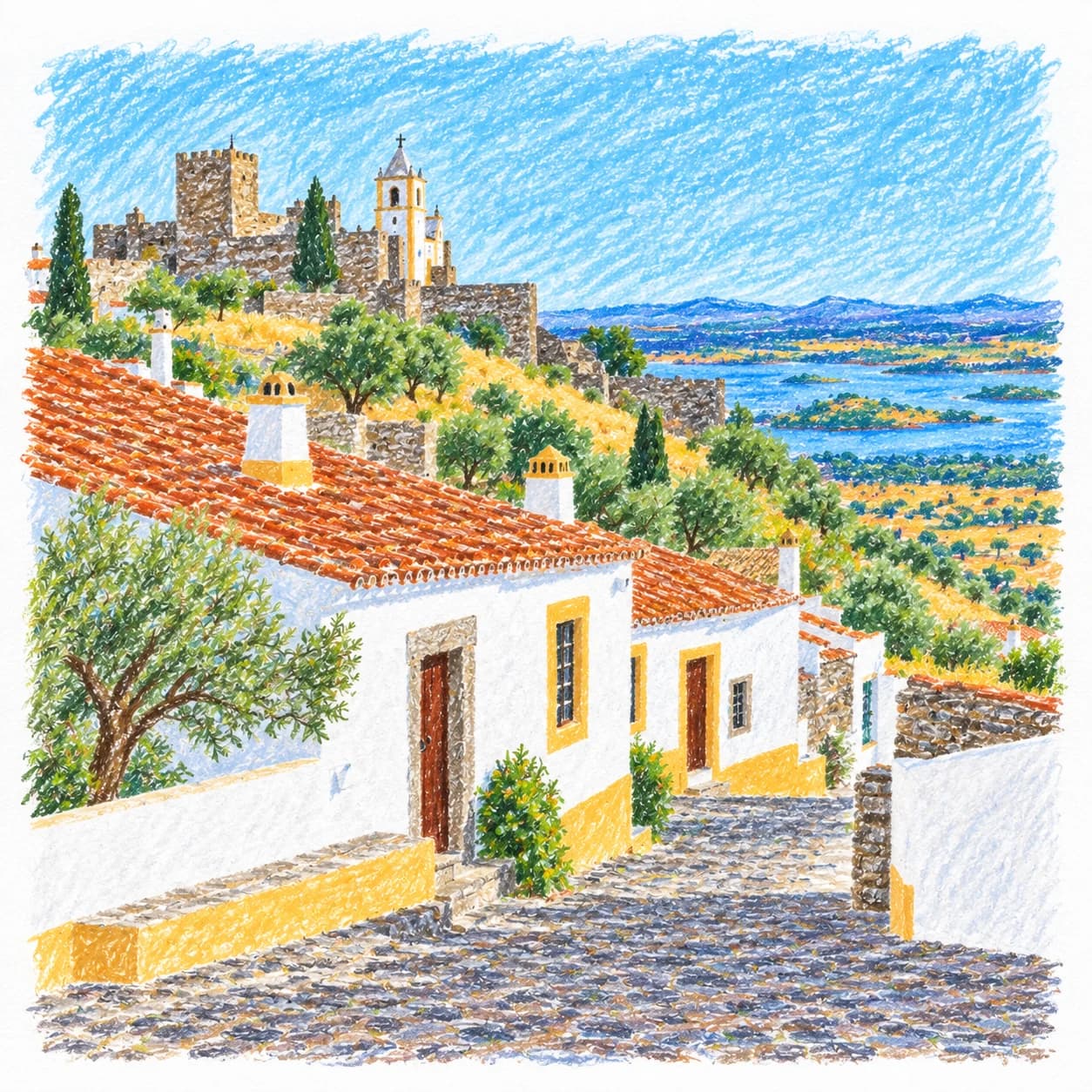 Colored model: Portugal coloring page: whitewashed lane and castle