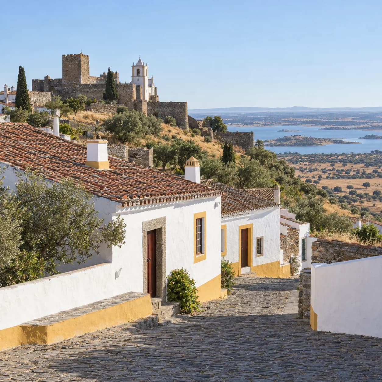 Photo réaliste: Coloriage du Portugal : village blanc et château perché