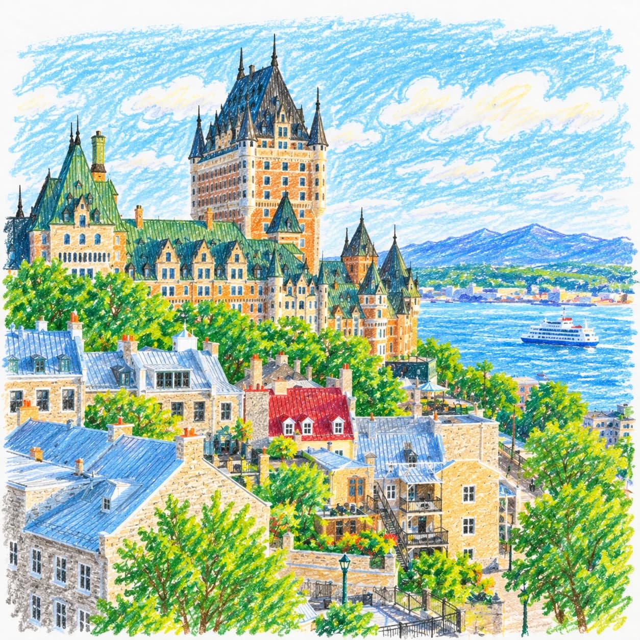 Modèle colorié: Coloriage du Vieux-Québec