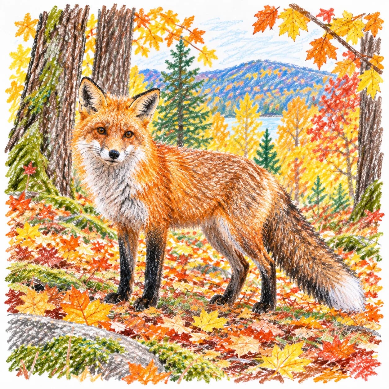 Modèle colorié: Coloriage de renard roux