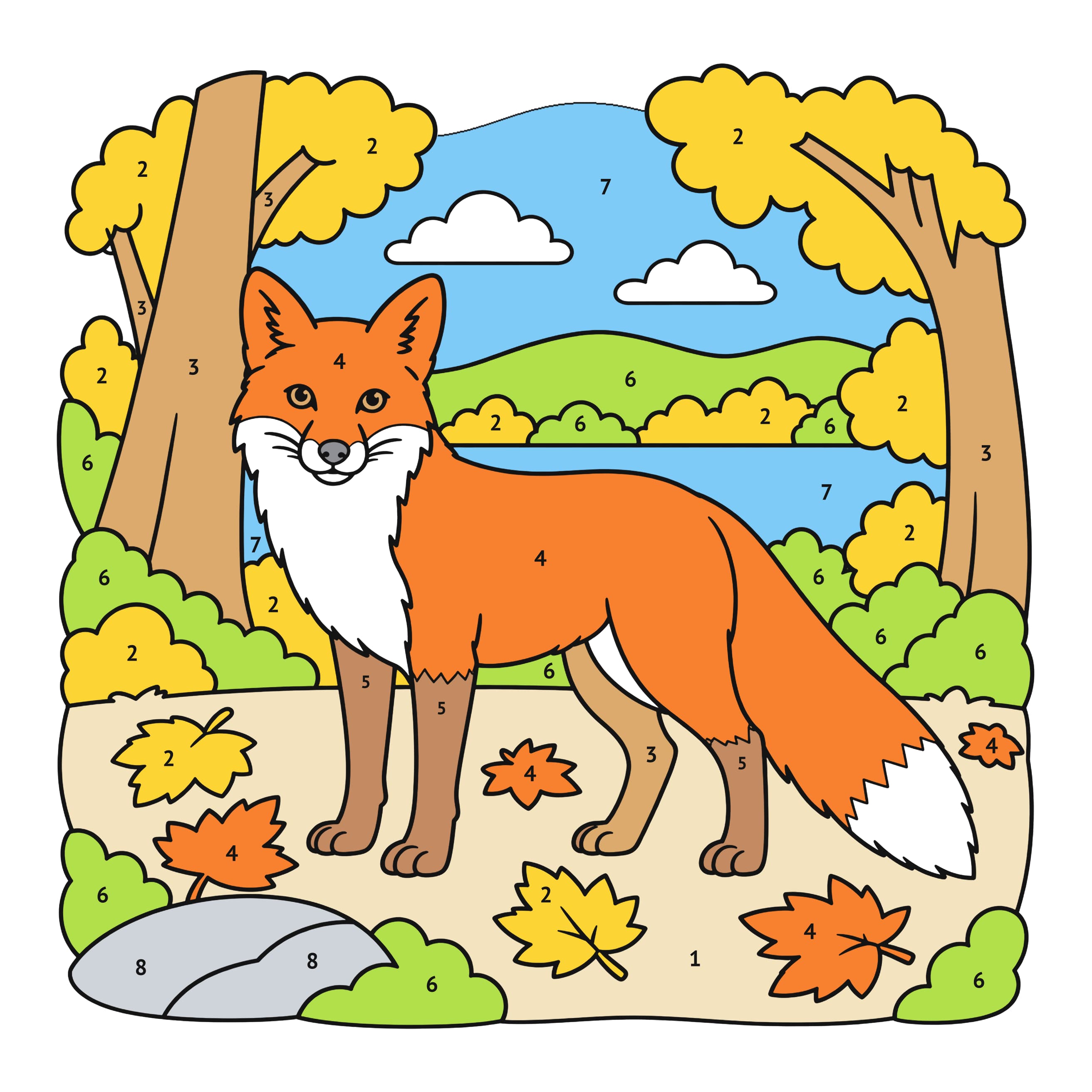 Modèle colorié: Renard roux : coloriage au numéro à imprimer