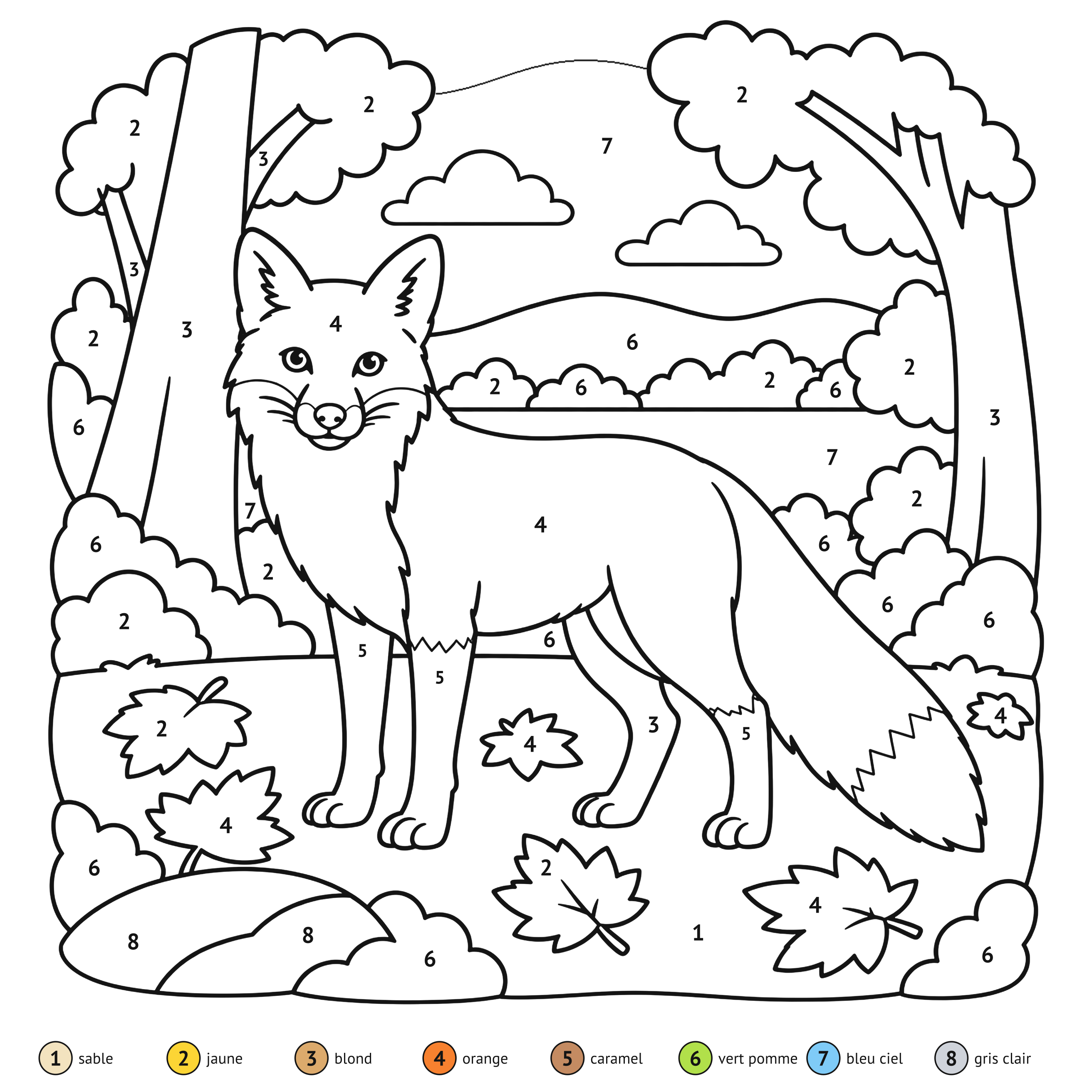 Au numéro: Renard roux : coloriage au numéro à imprimer