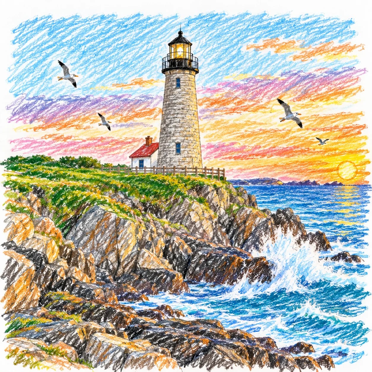 Modèle colorié: Coloriage de phare sur la côte