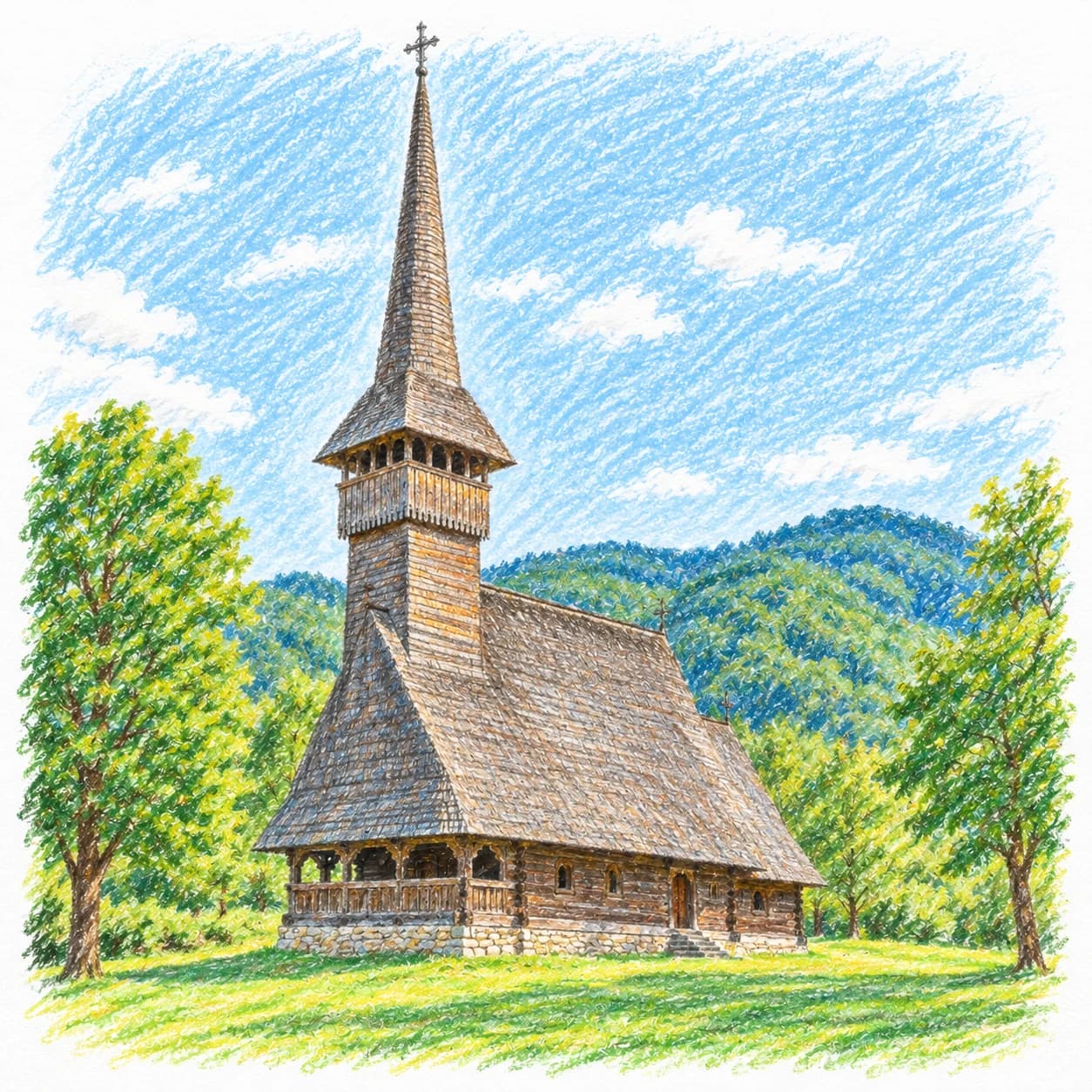 Colored model: Romania coloring page: wooden church with tall spire