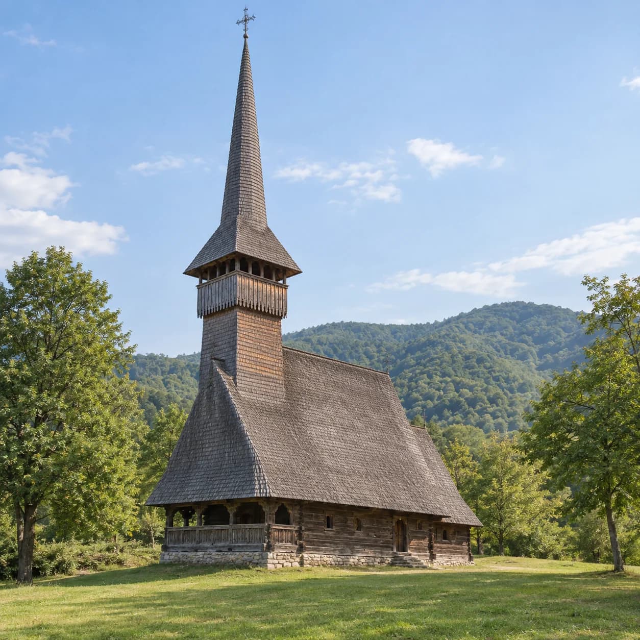Realistic source: Romania coloring page: wooden church with tall spire