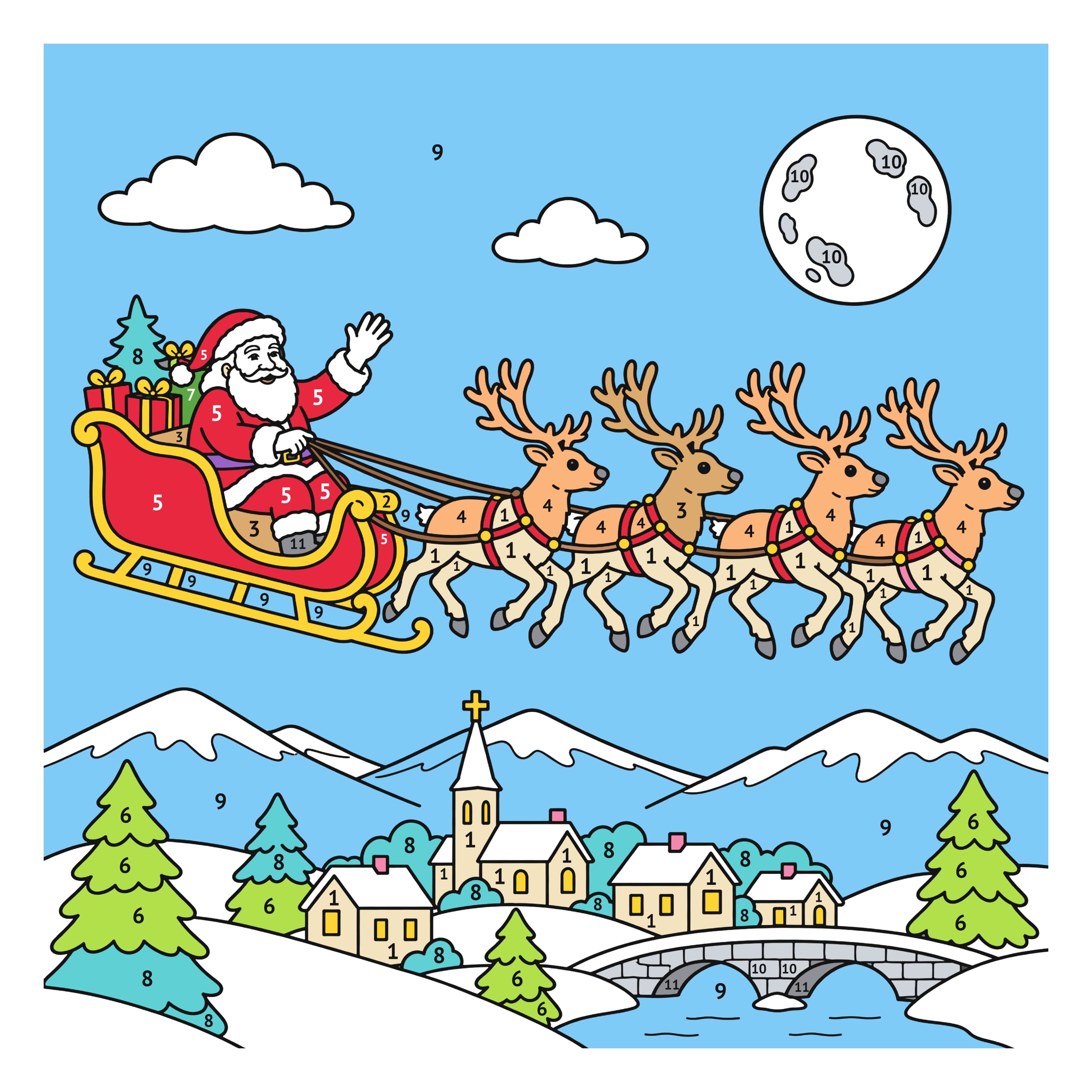 Modèle colorié: Traîneau du Père Noël : coloriage au numéro à imprimer