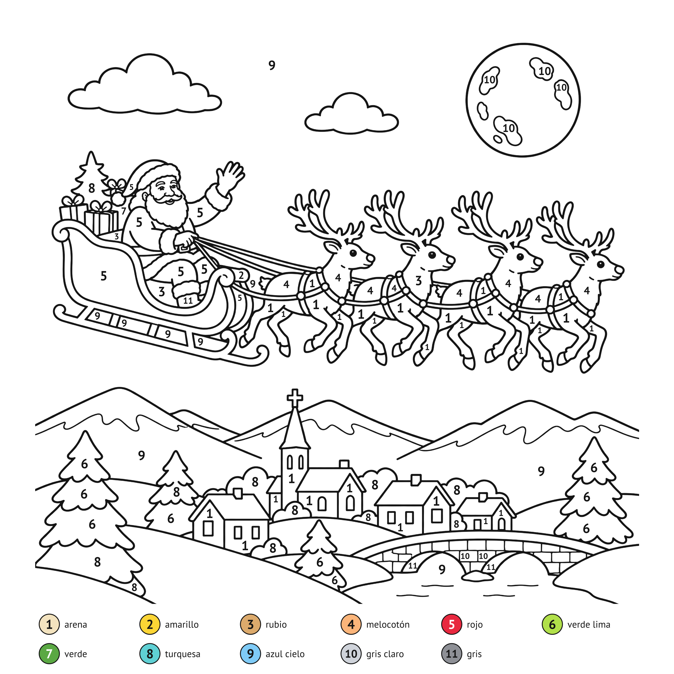 Por números: Trineo de Papá Noel para colorear por números