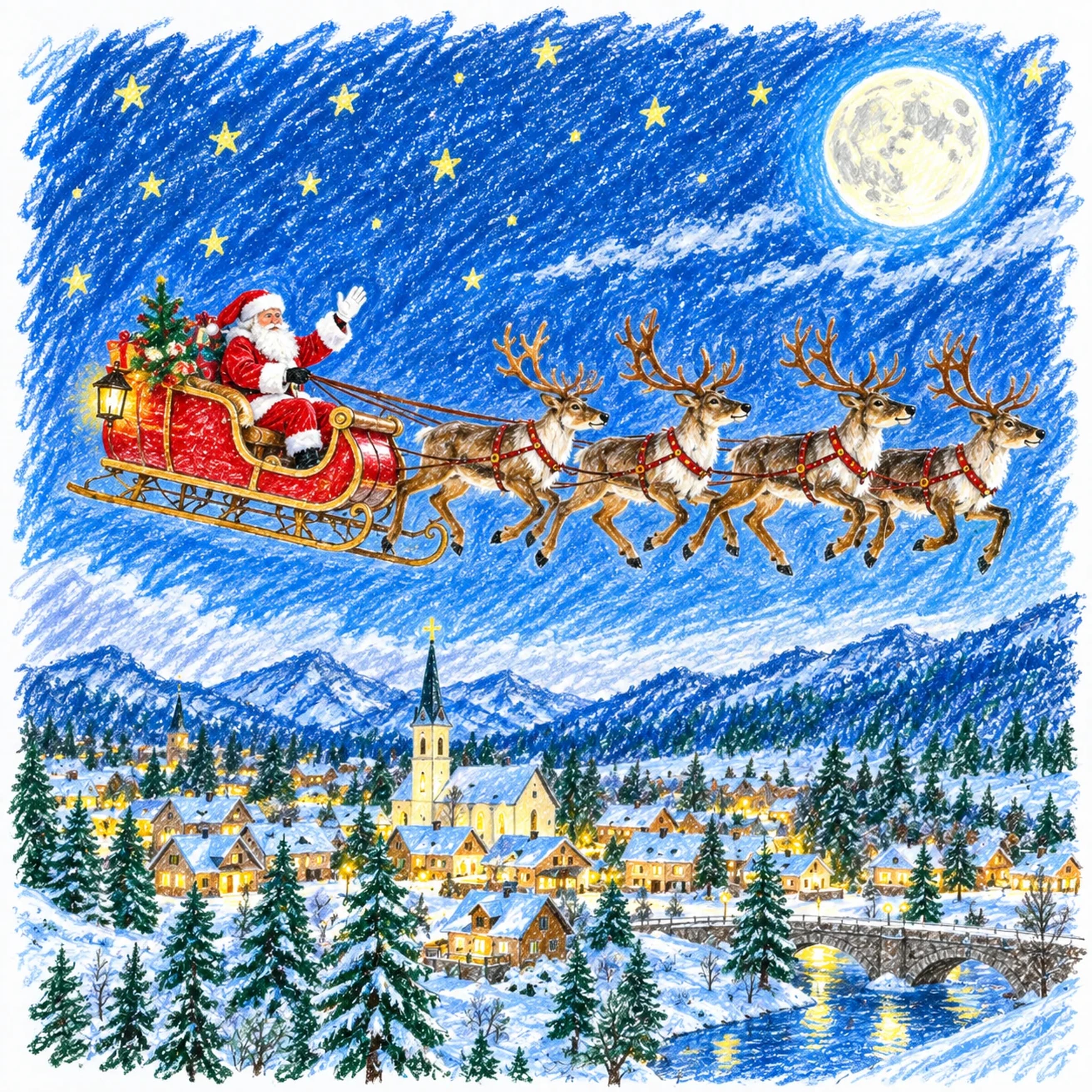 Modèle colorié: Traîneau du Père Noël : points à relier à imprimer