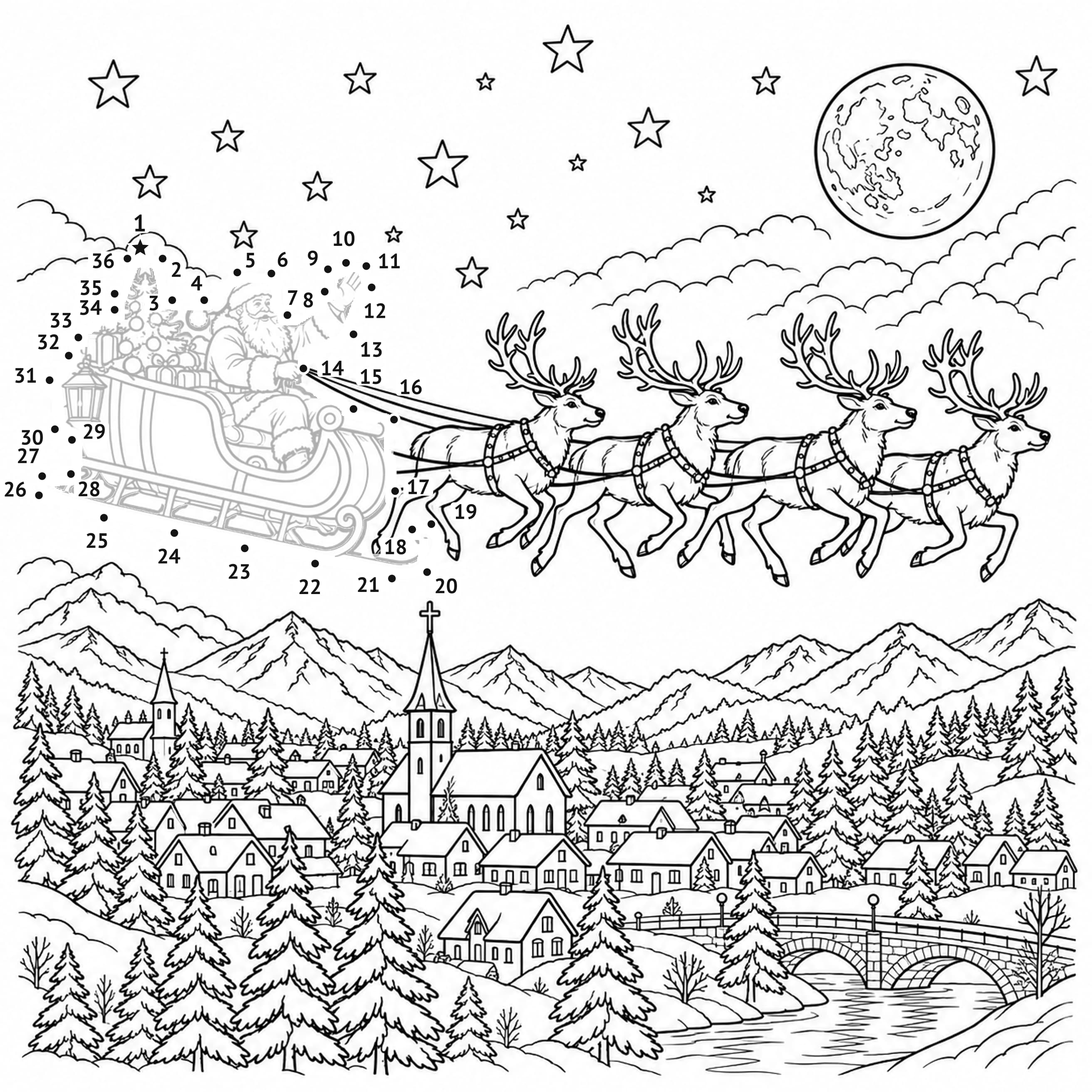 Unir puntos: Trineo de Papá Noel para unir puntos