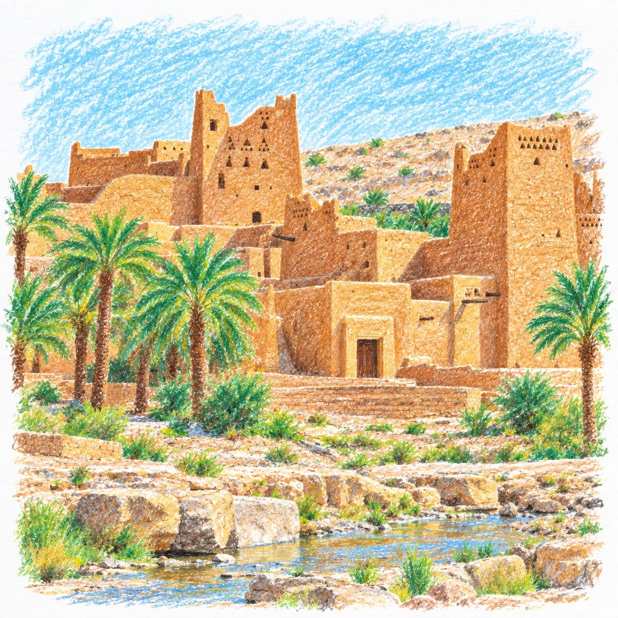 Colored model: Saudi Arabia coloring page: mud brick oasis village