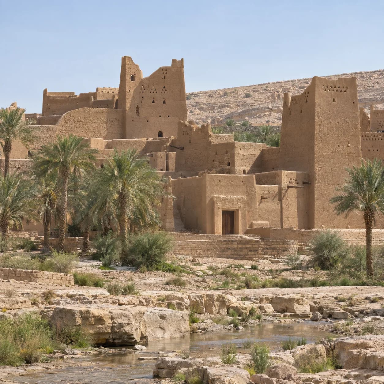 Photo réaliste: Coloriage de l'Arabie saoudite : village en terre et oasis