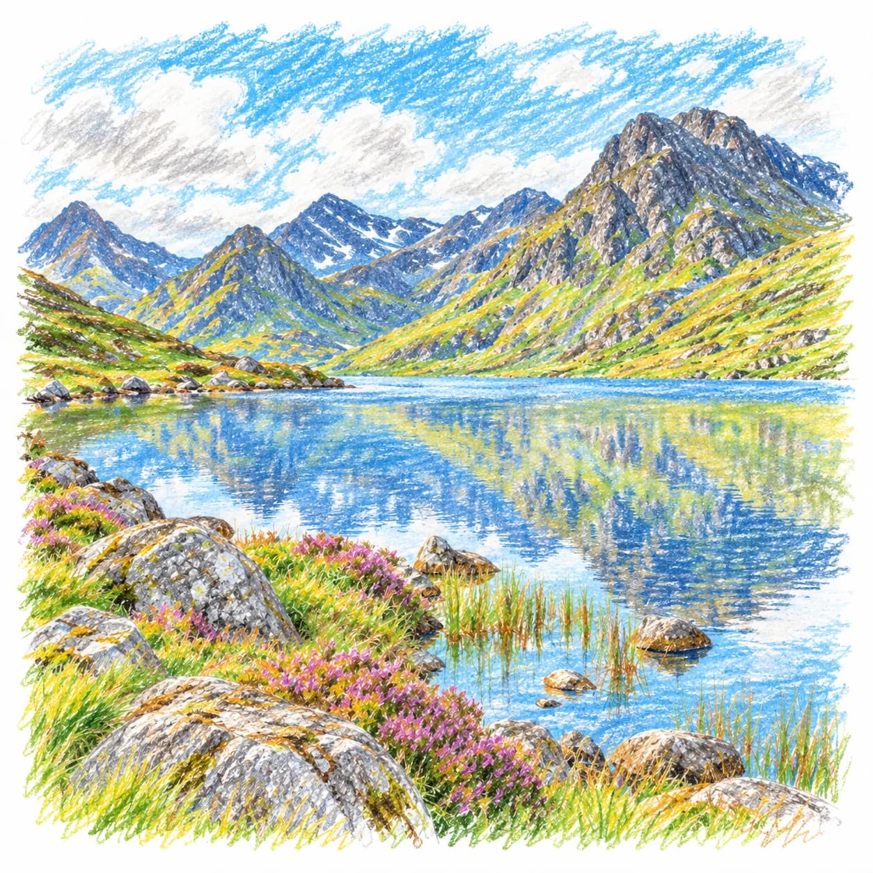 Modèle colorié: Coloriage des Highlands écossais : lac glaciaire