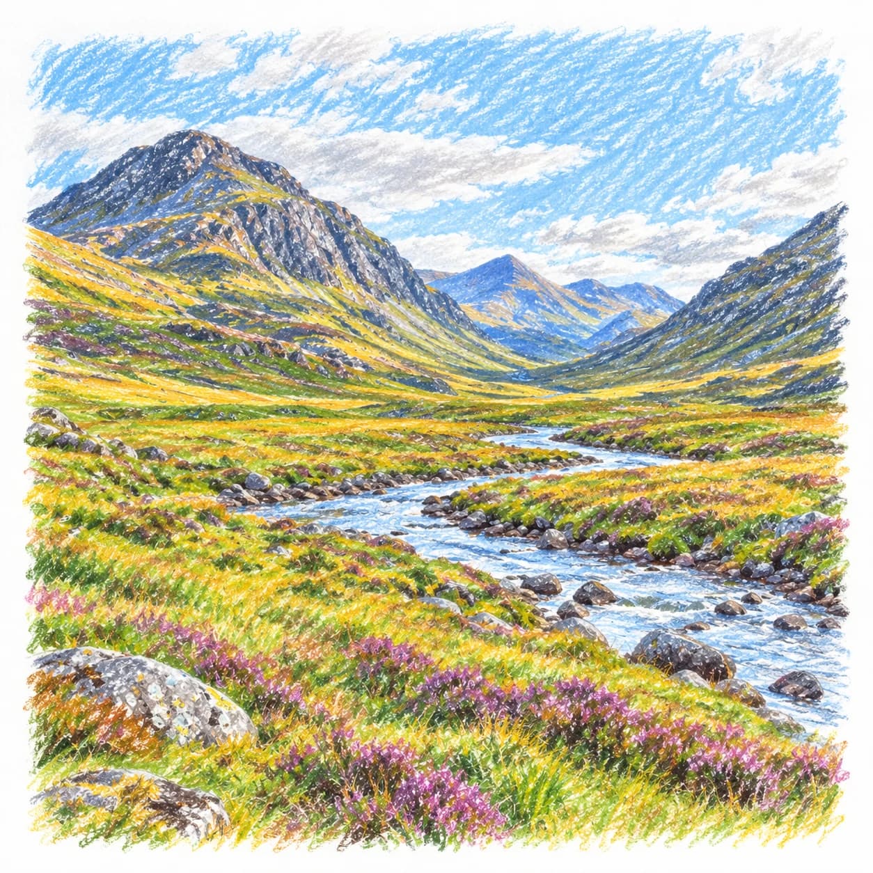 Colored model: Scottish Highlands high valley coloring page