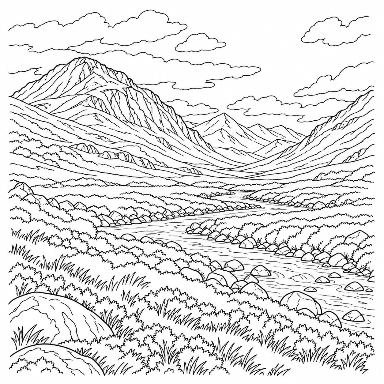 Coloriage: Coloriage des Highlands écossais : haute vallée