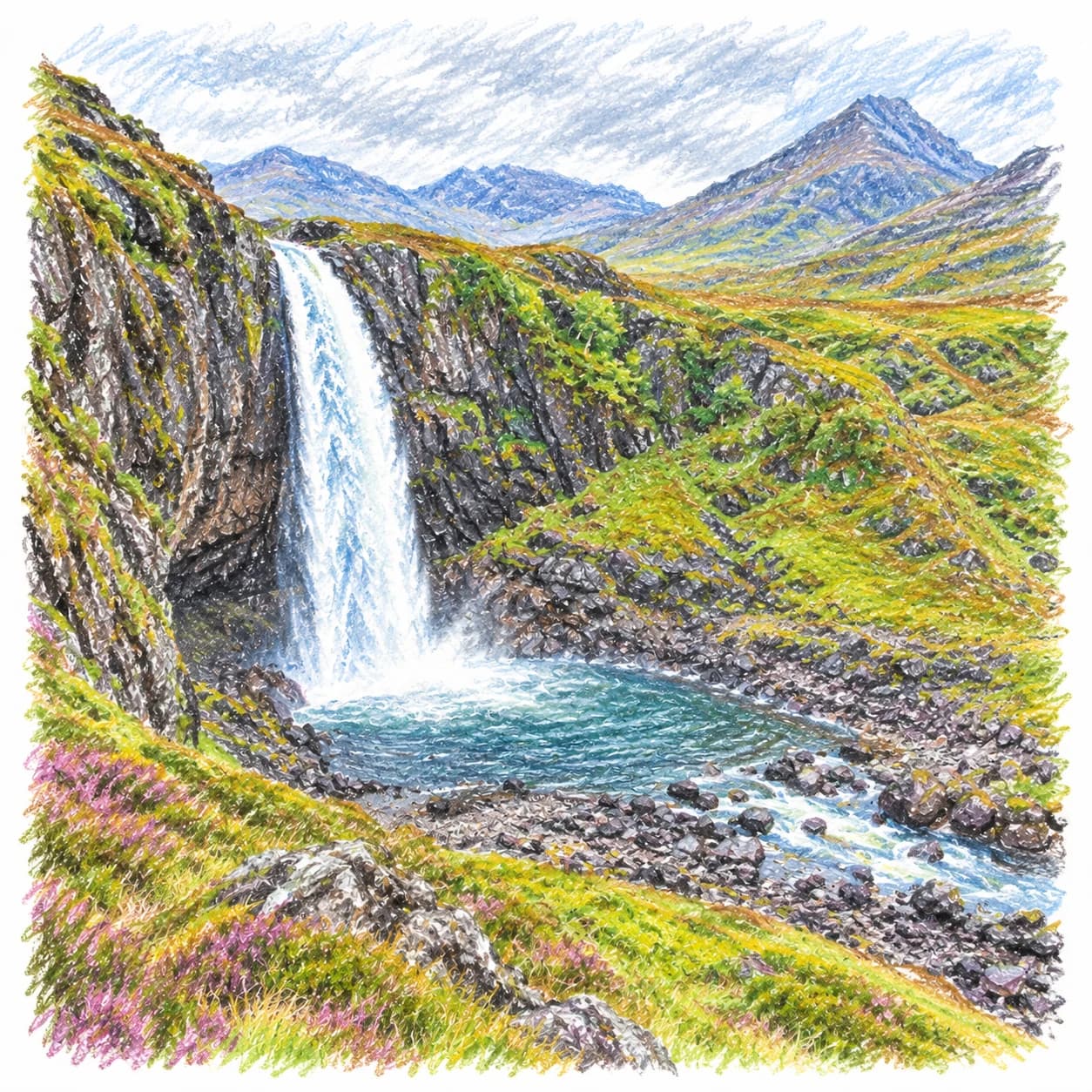 Colored model: Scottish Highlands mountain waterfall coloring page