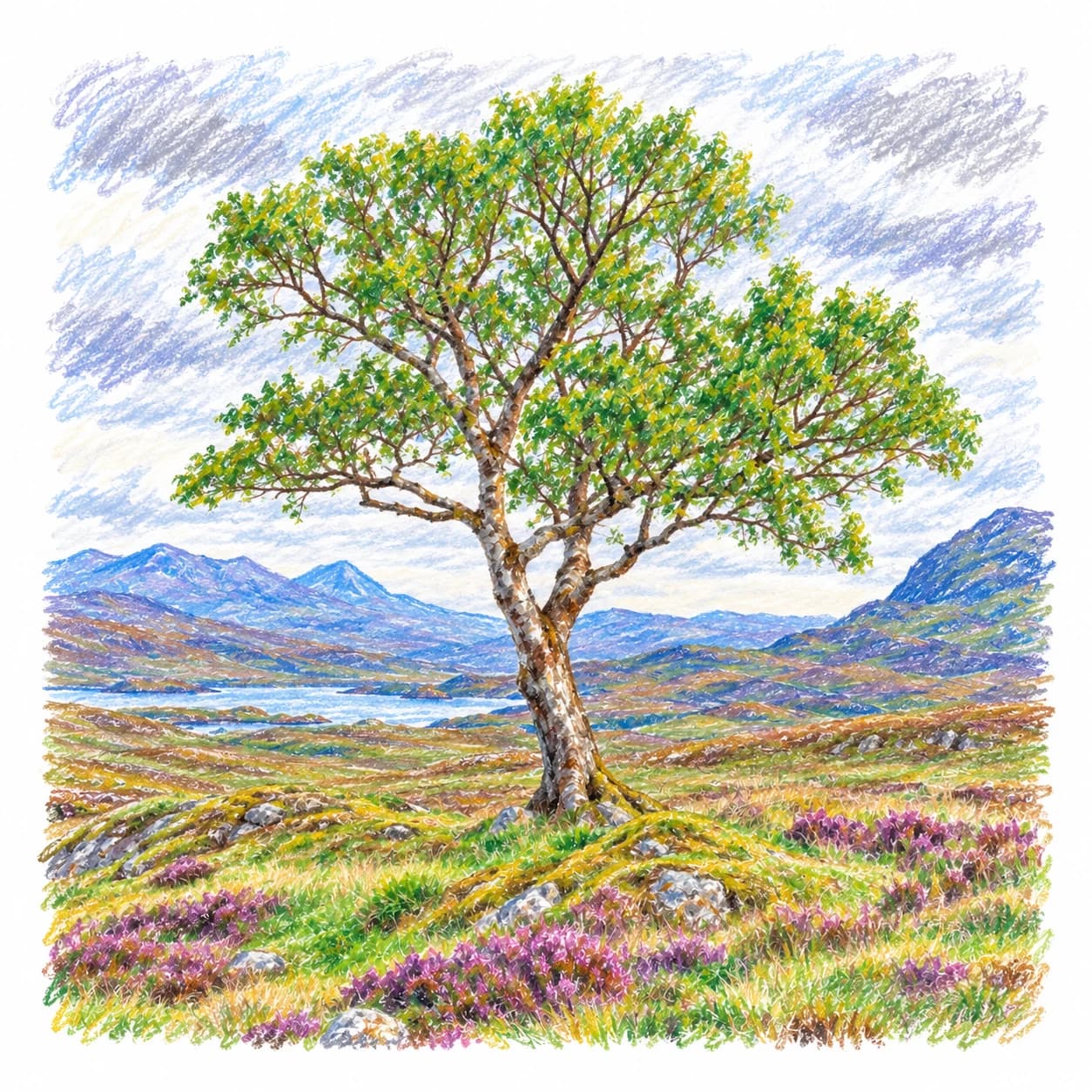 Modèle colorié: Coloriage d'une lande écossaise : arbre solitaire
