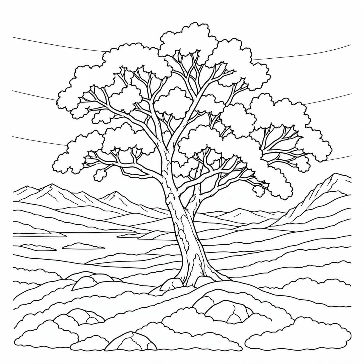 Coloriage: Coloriage d'une lande écossaise : arbre solitaire