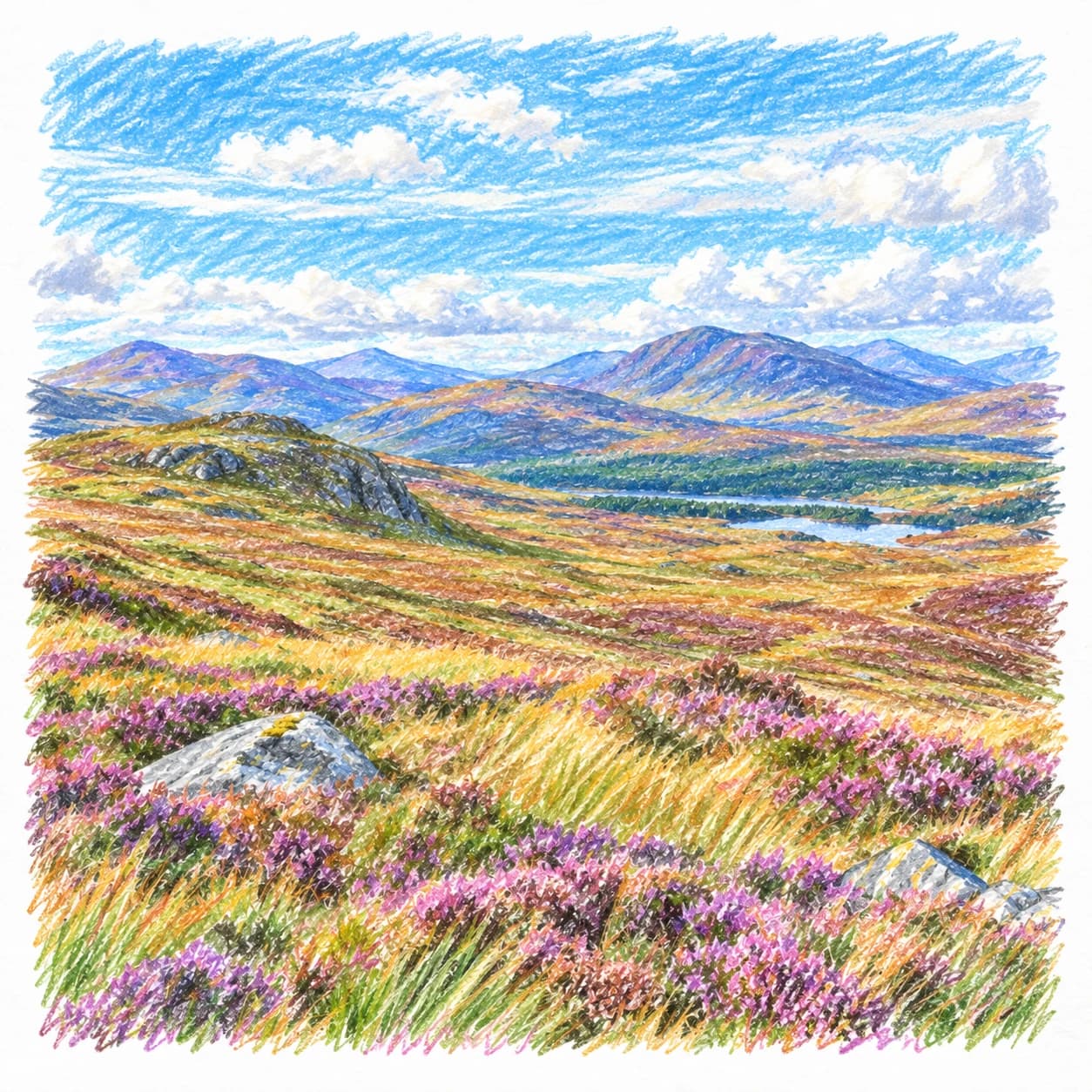 Modèle colorié: Coloriage d'une lande écossaise : vaste panorama