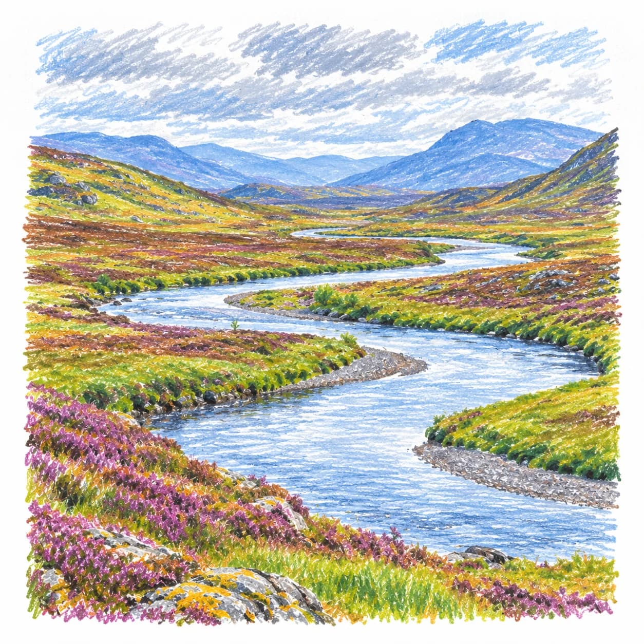 Modèle colorié: Coloriage d'une lande écossaise : rivière sinueuse