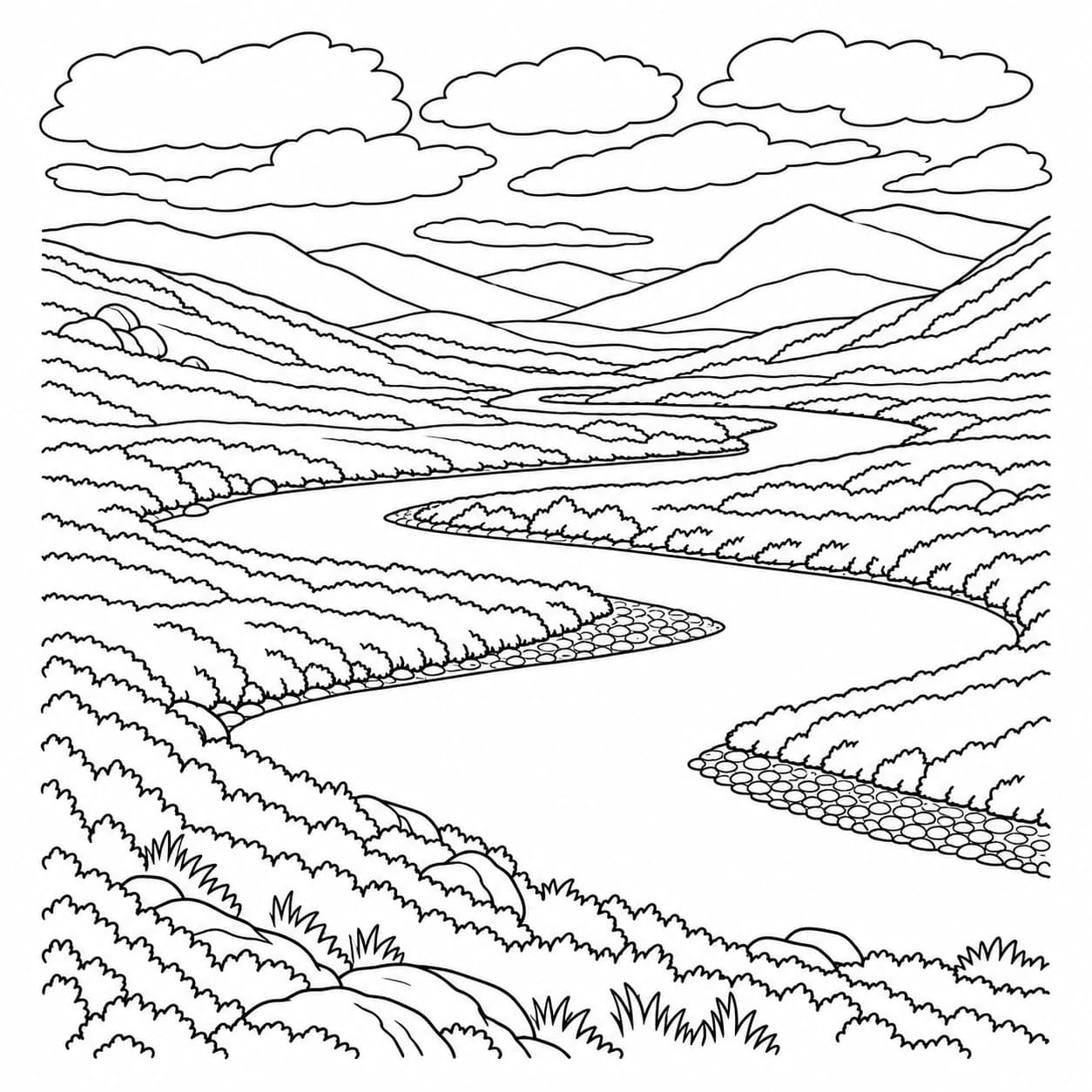 Coloriage: Coloriage d'une lande écossaise : rivière sinueuse