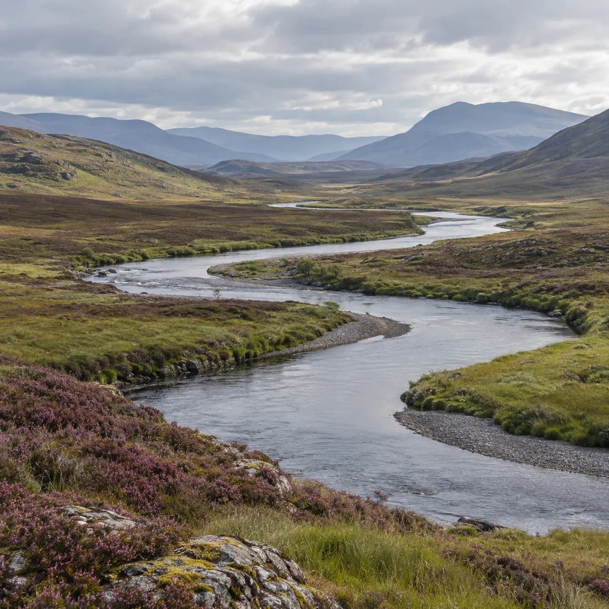 Realistic source: Scottish moorland winding river coloring page