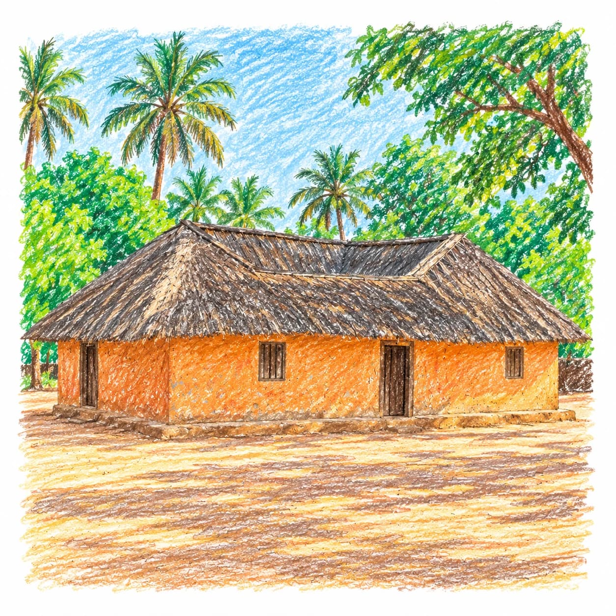 Modèle colorié: Coloriage du Sénégal : case en terre au toit de chaume