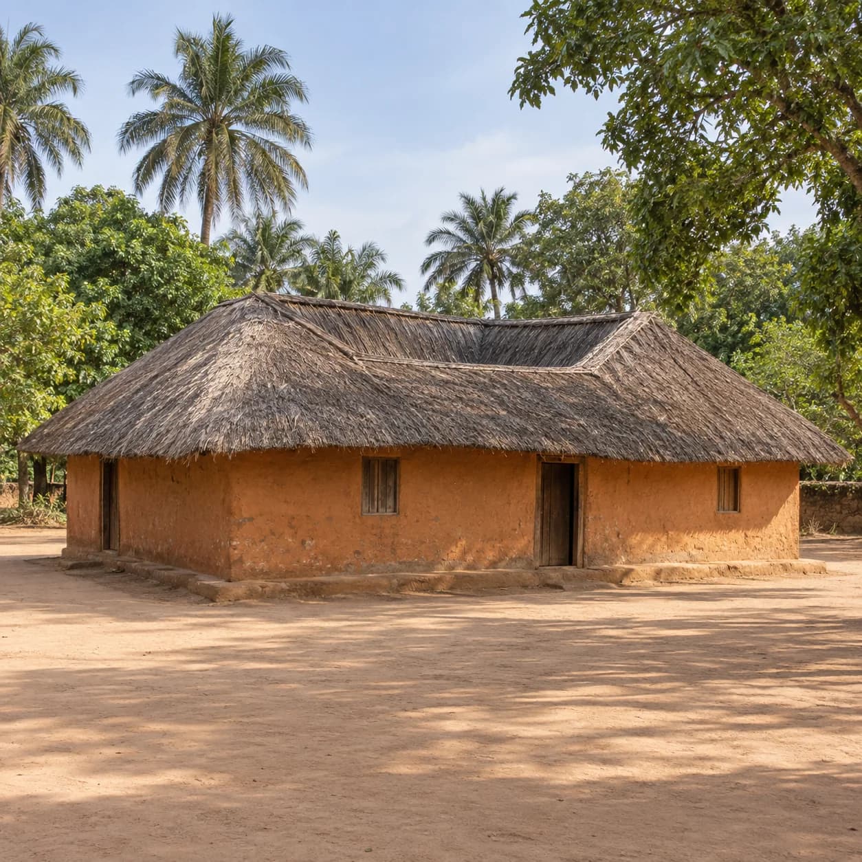 Photo réaliste: Coloriage du Sénégal : case en terre au toit de chaume