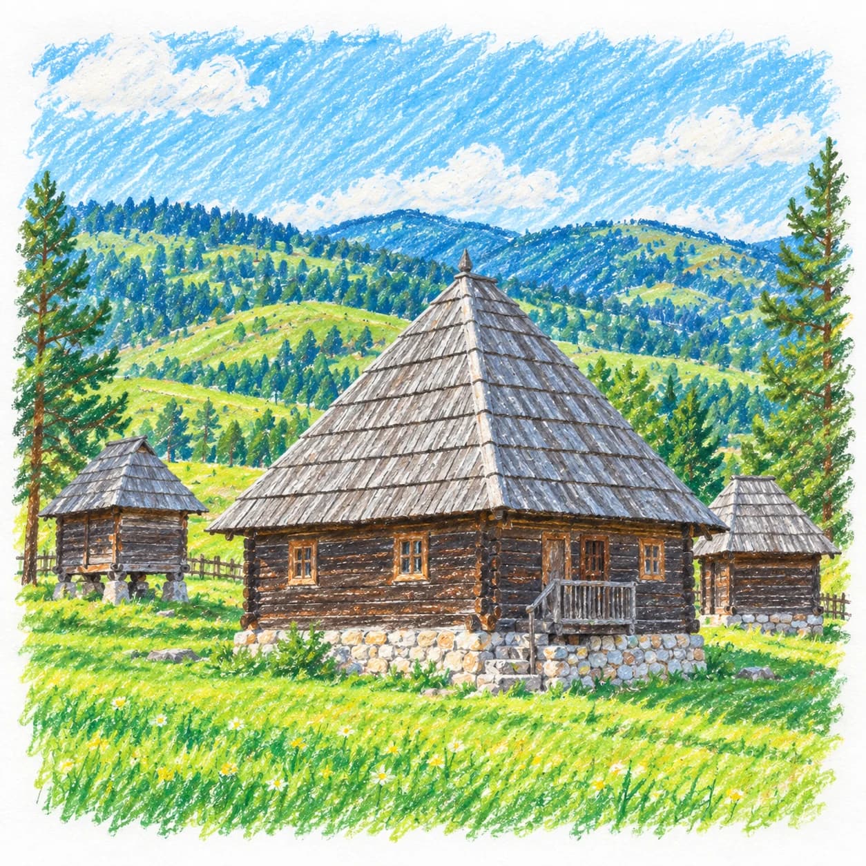 Colored model: Serbia coloring page: log house in the hills