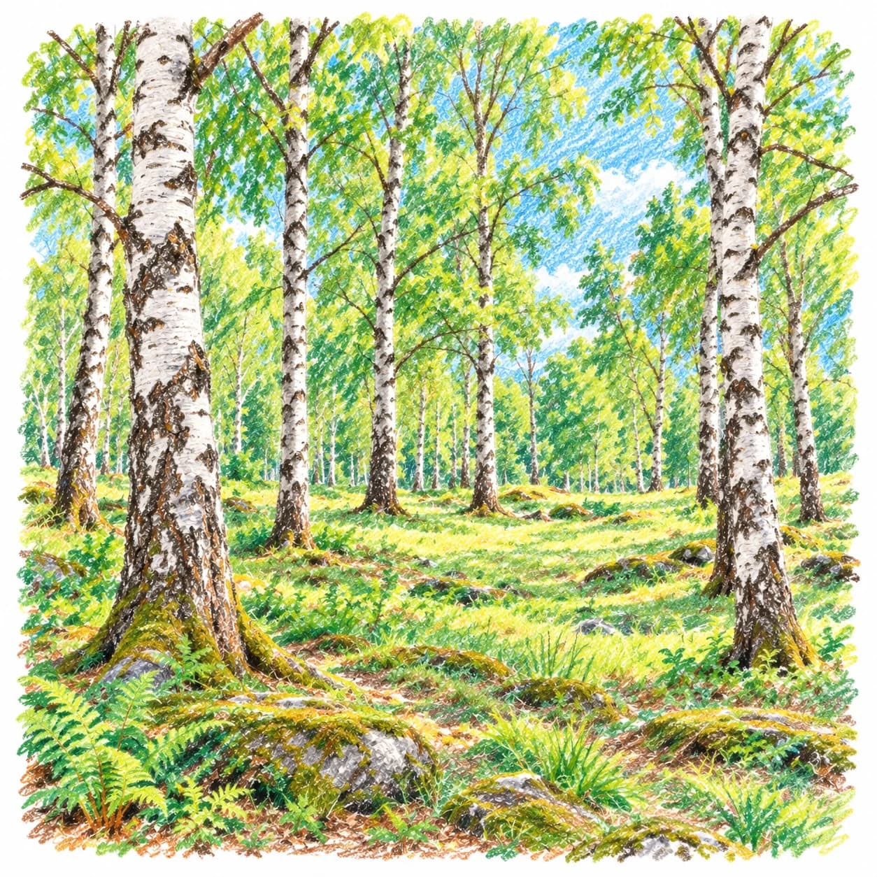 Colored model: Silver birch forest ancient grove coloring page