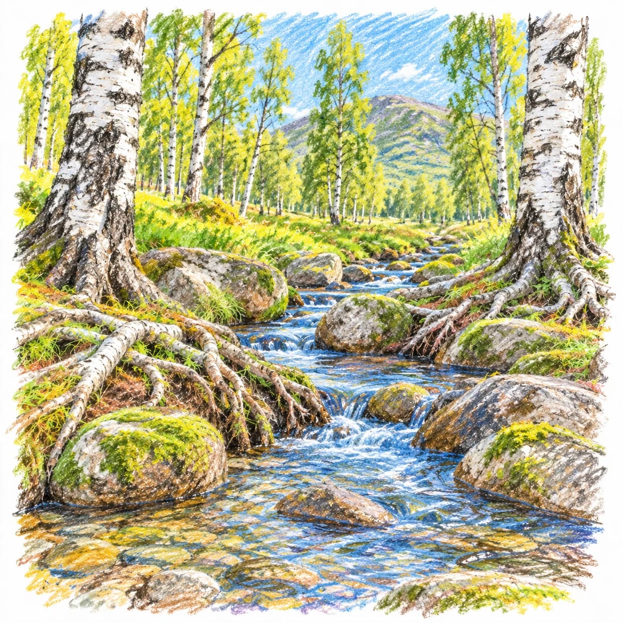Modèle colorié: Coloriage d'une forêt de bouleaux argentés : ruisseau limpide