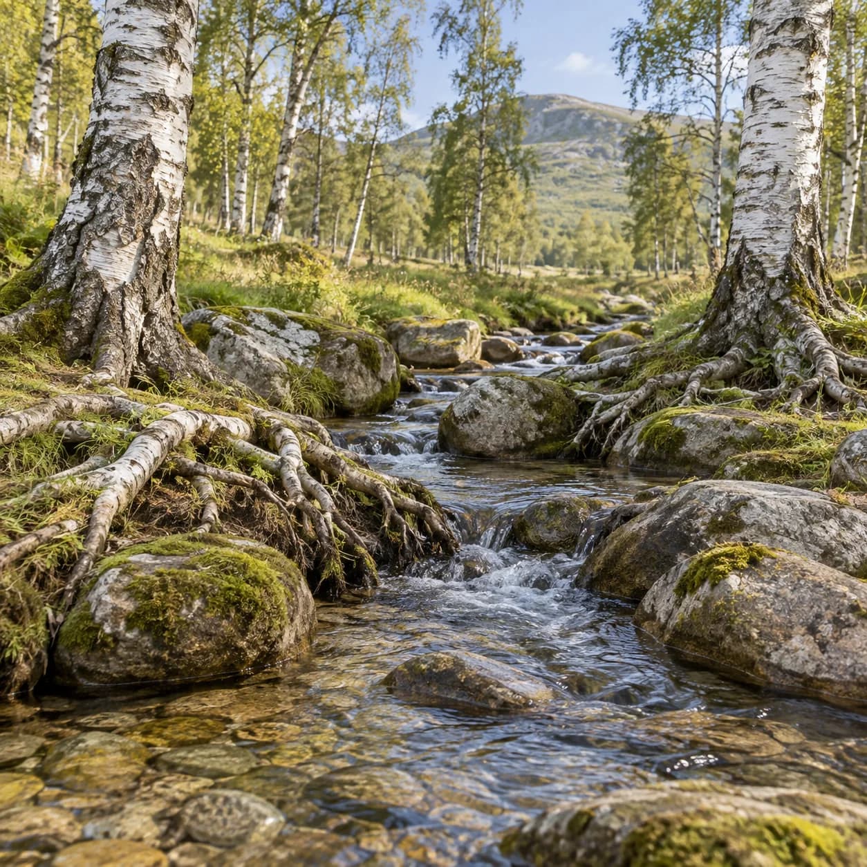 Photo réaliste: Coloriage d'une forêt de bouleaux argentés : ruisseau limpide