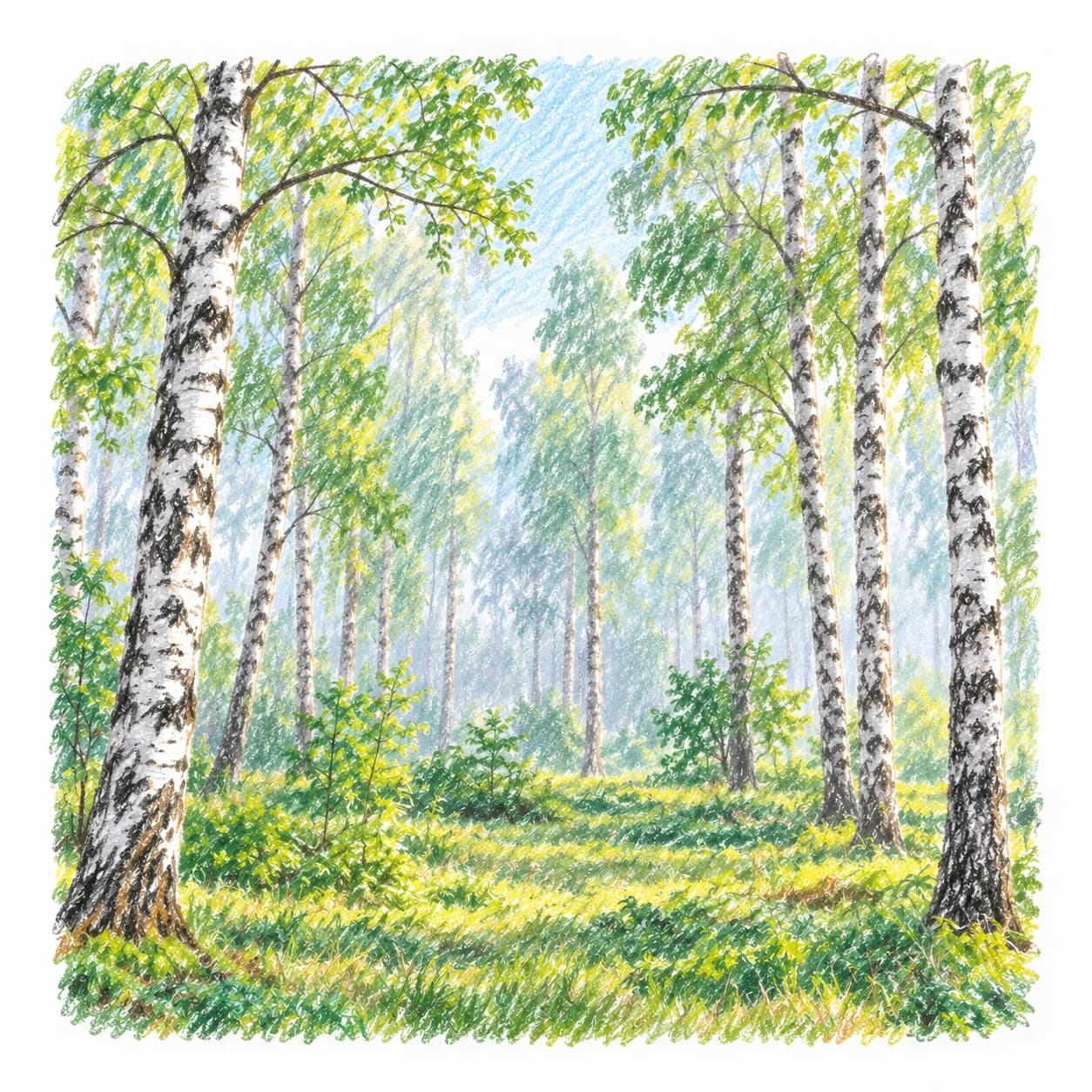 Modèle colorié: Coloriage d'une forêt de bouleaux argentés : canopée brumeuse
