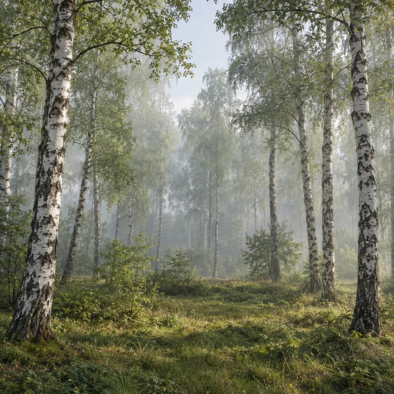 Photo réaliste: Coloriage d'une forêt de bouleaux argentés : canopée brumeuse