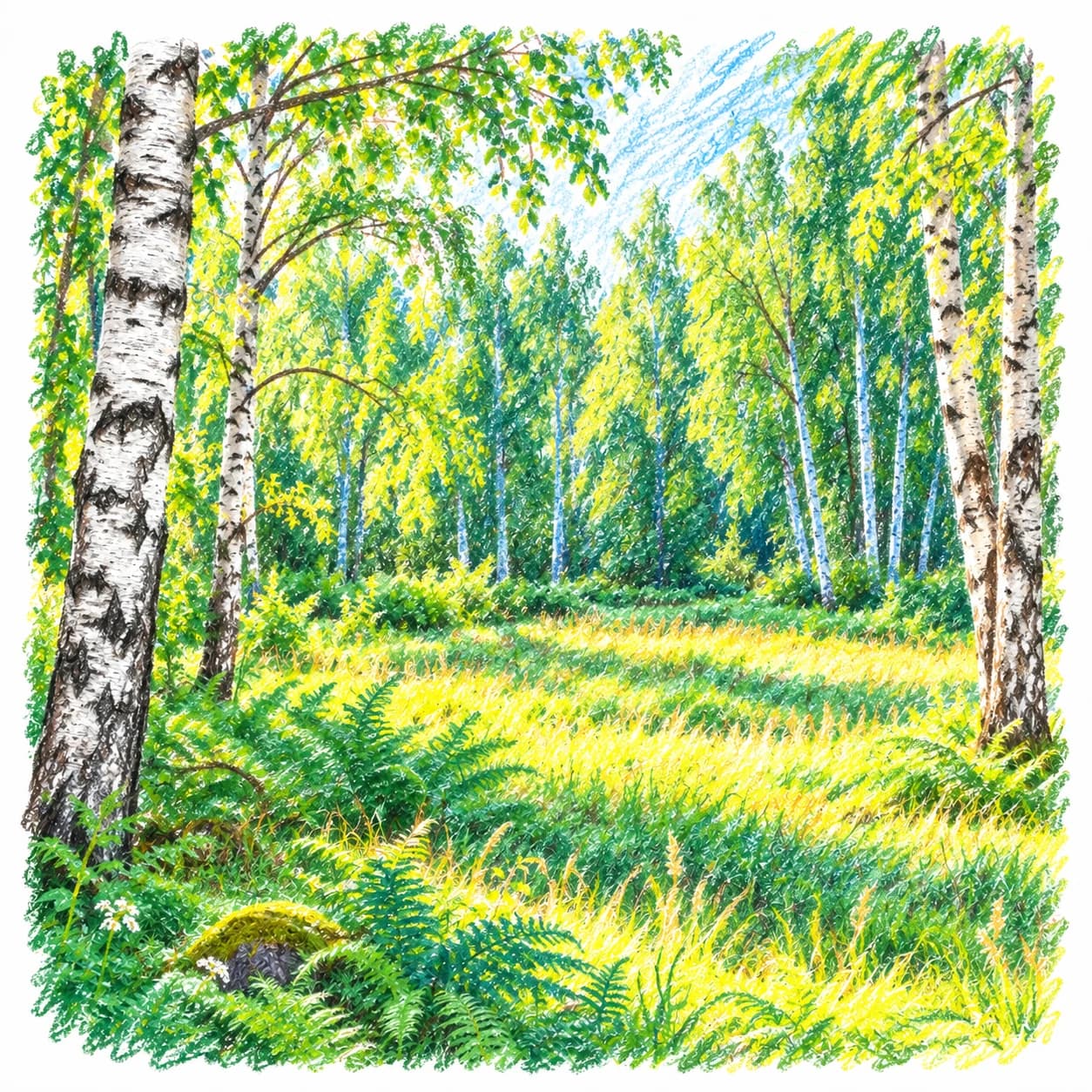 Modèle colorié: Coloriage d'une forêt de bouleaux argentés : clairière ensoleillée