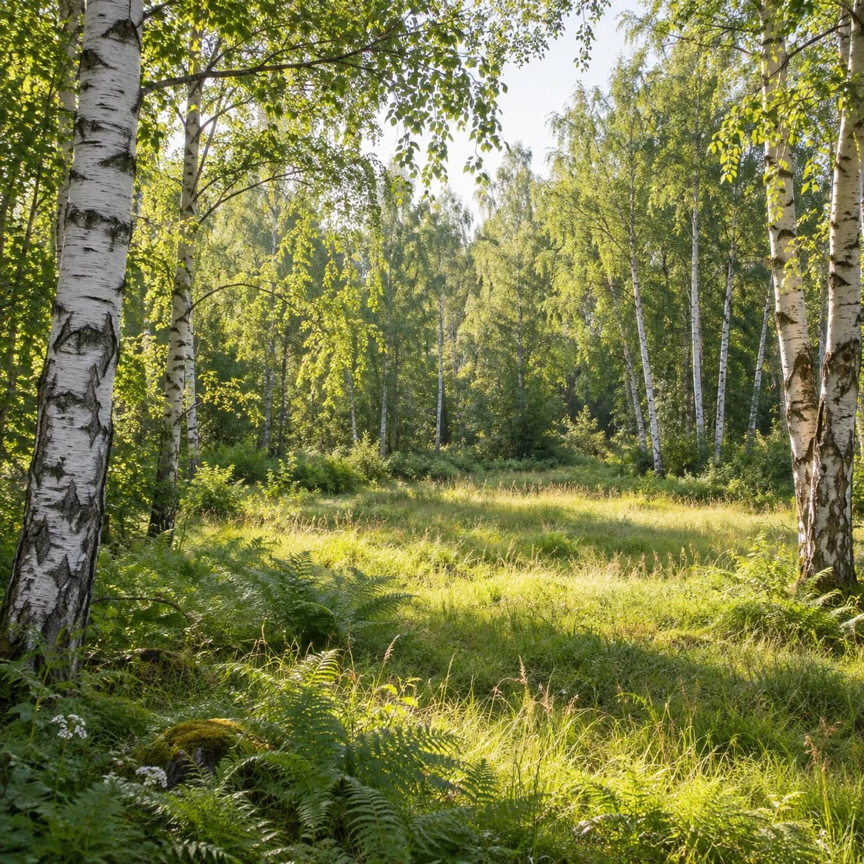 Photo réaliste: Coloriage d'une forêt de bouleaux argentés : clairière ensoleillée