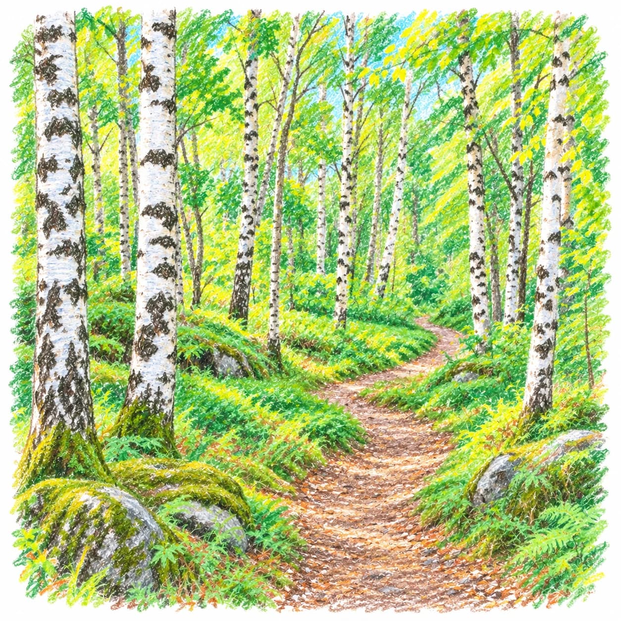 Modèle colorié: Coloriage d'une forêt de bouleaux argentés : sentier sinueux