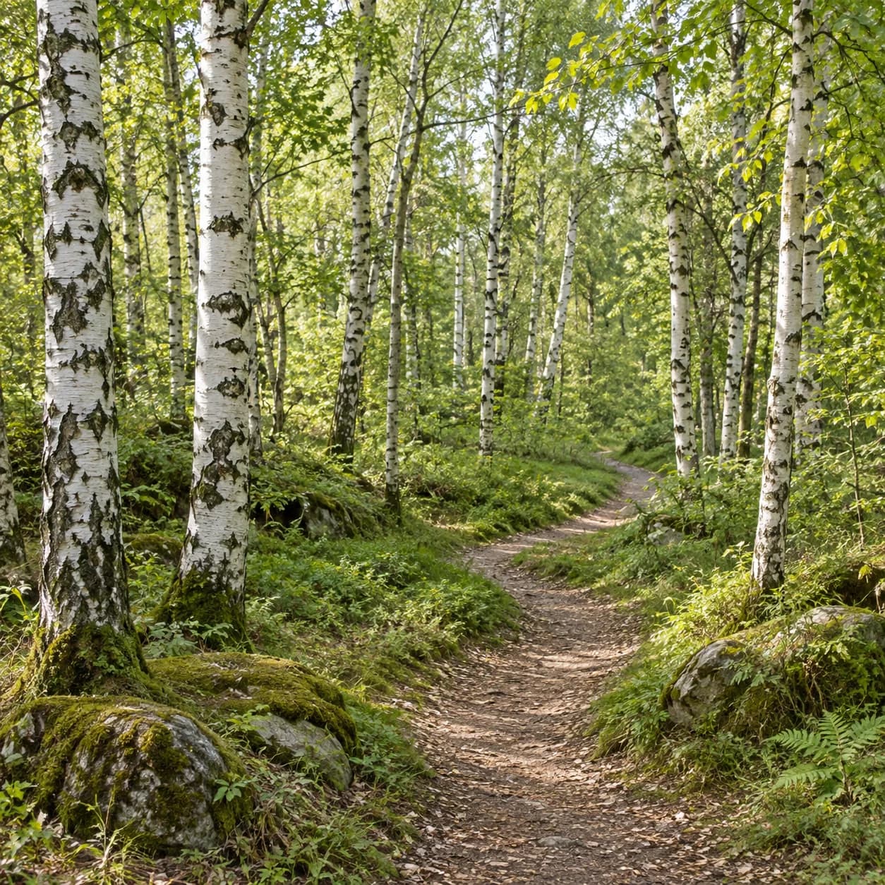 Photo réaliste: Coloriage d'une forêt de bouleaux argentés : sentier sinueux