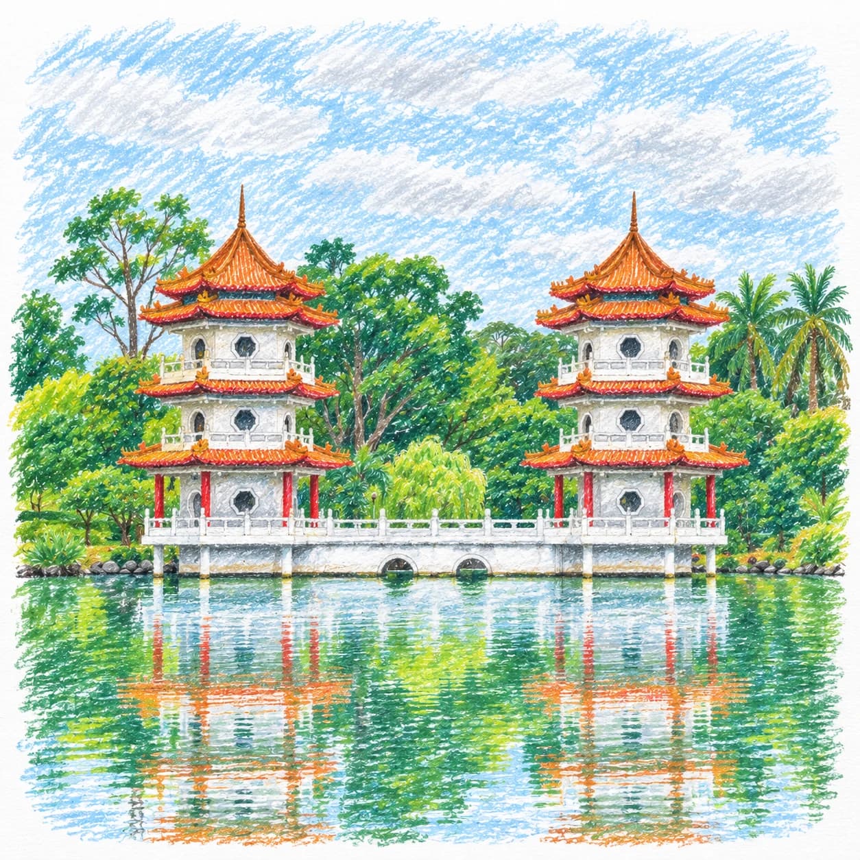 Colored model: Singapore coloring page: twin pagodas on a pond