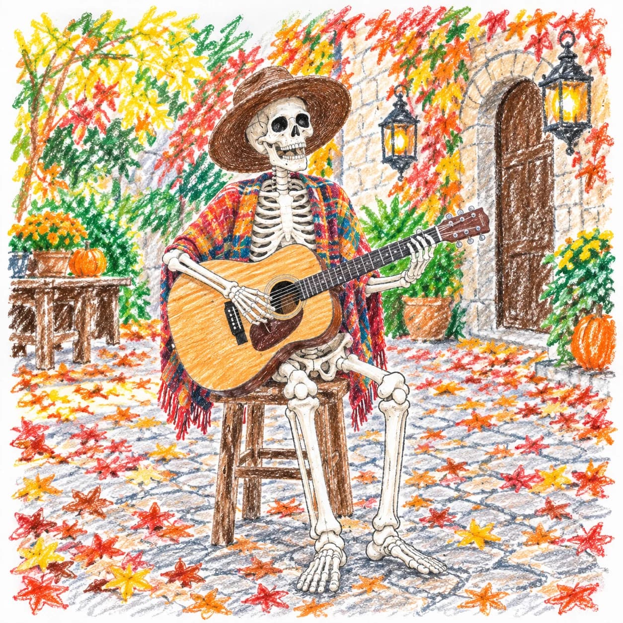 Modèle colorié: Coloriage de squelette musicien