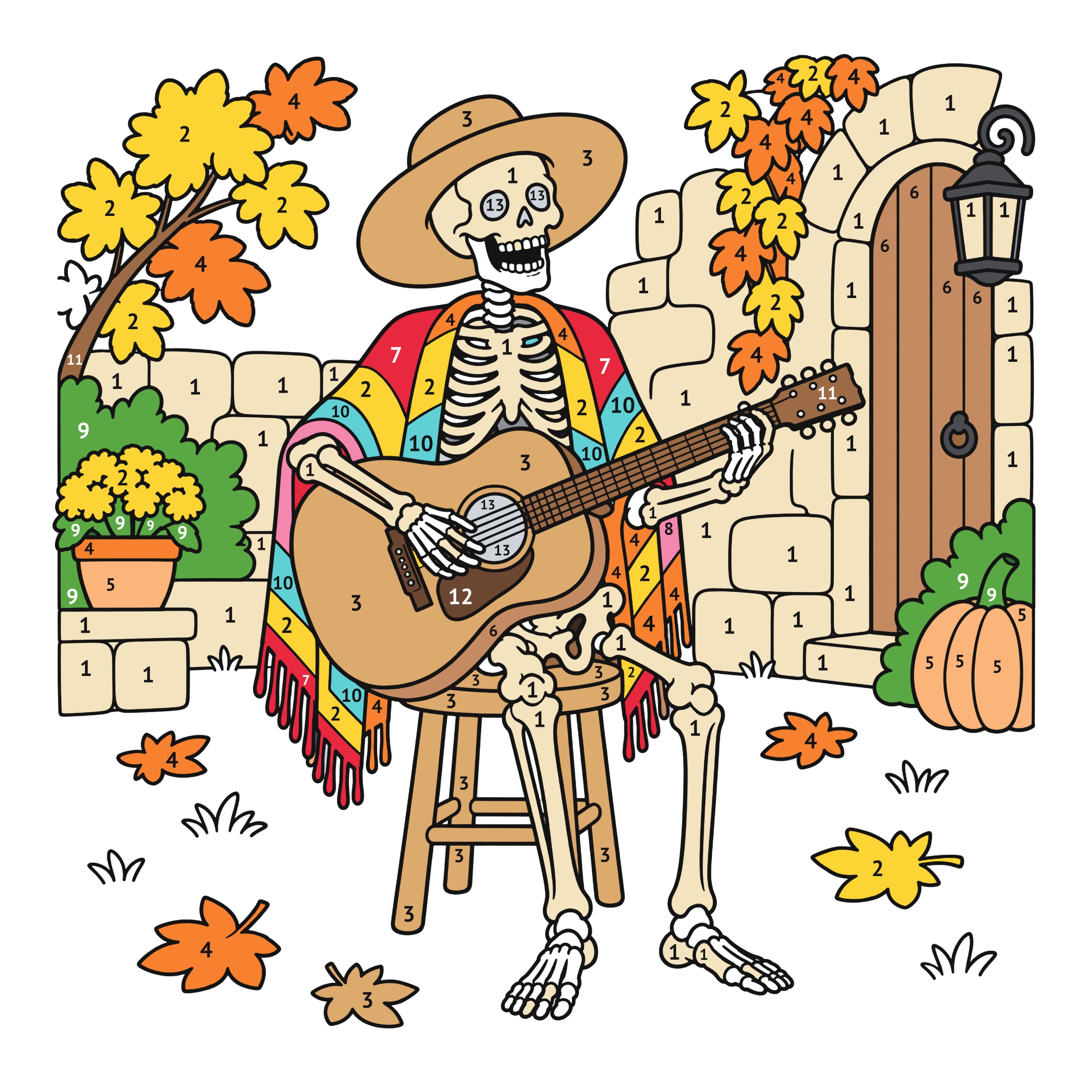 Modelo coloreado: Esqueleto músico para colorear por números