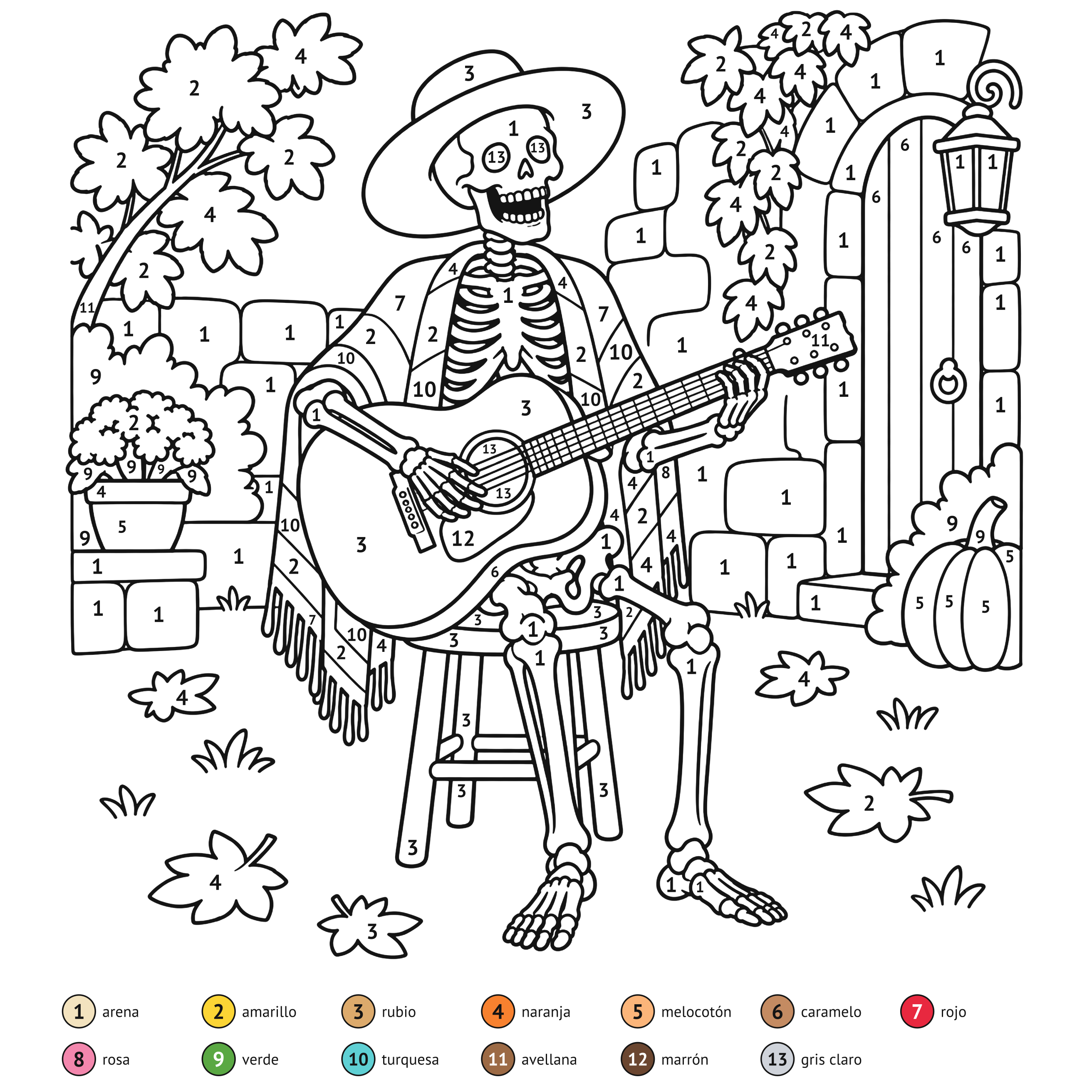 Por números: Esqueleto músico para colorear por números