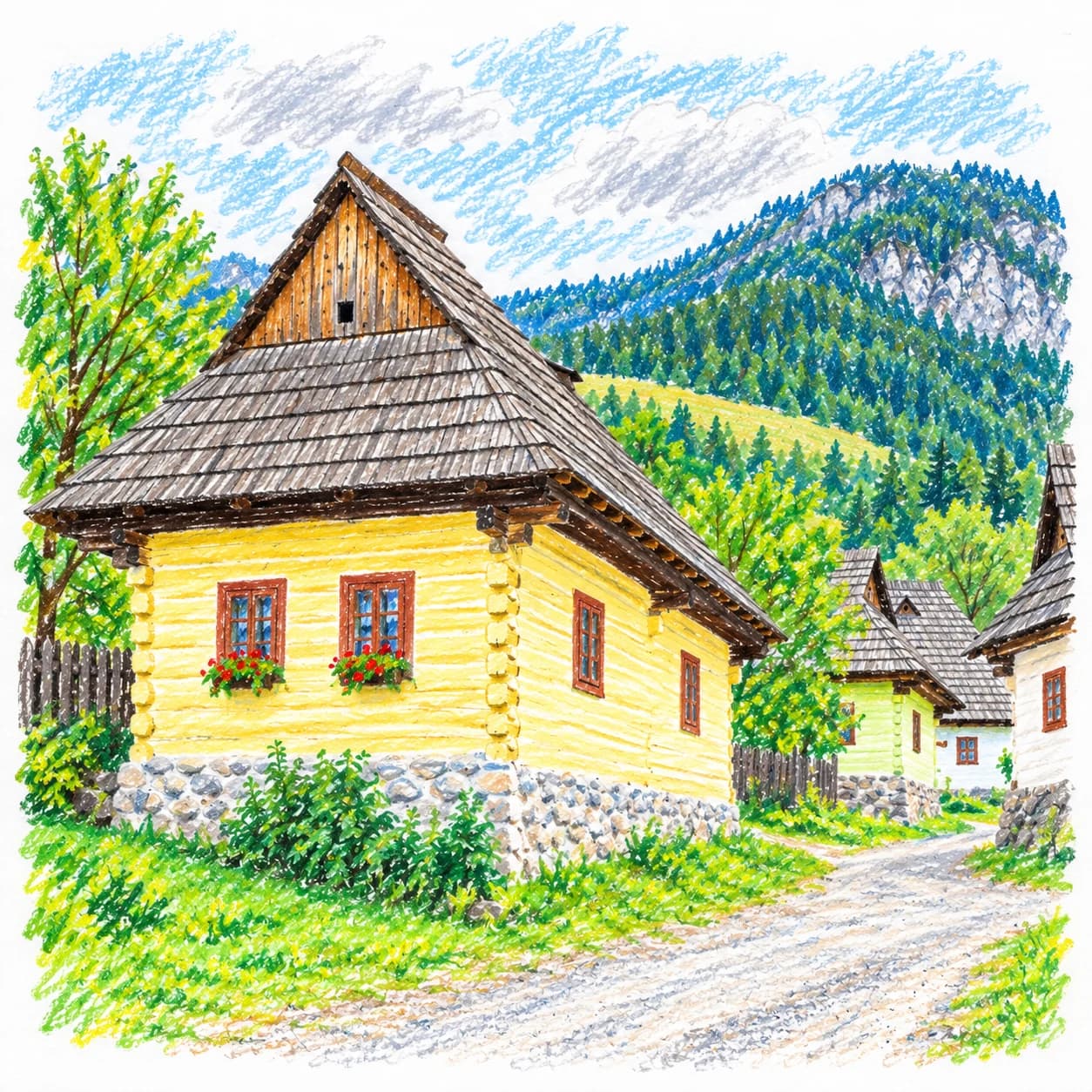 Modèle colorié: Coloriage de la Slovaquie : maison de village en bois