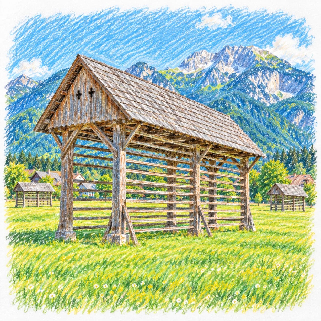 Modèle colorié: Coloriage de la Slovénie : séchoir à foin et montagnes