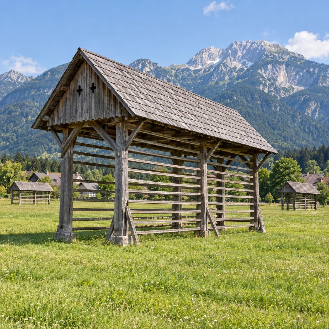 Realistic source: Slovenia coloring page: wooden hayrack and peaks