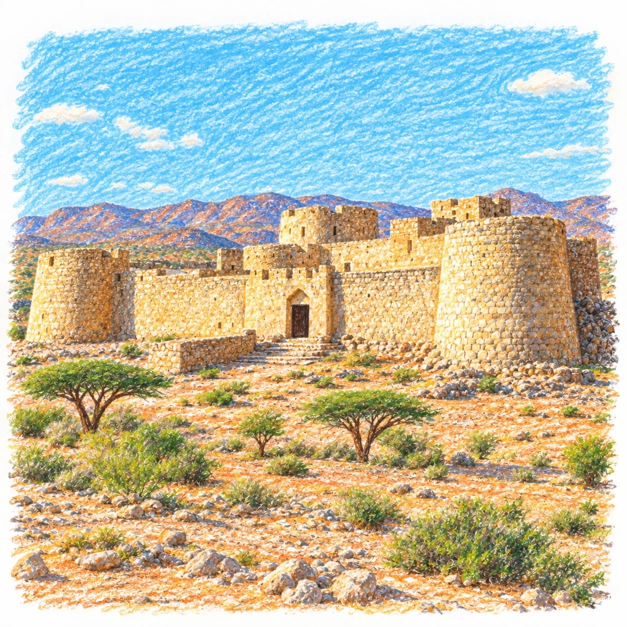 Modèle colorié: Coloriage de la Somalie : fort de pierre dans la brousse