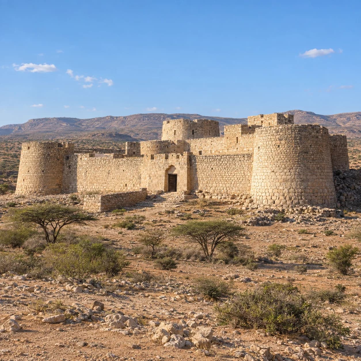 Realistic source: Somalia coloring page: stone fort in dry hills