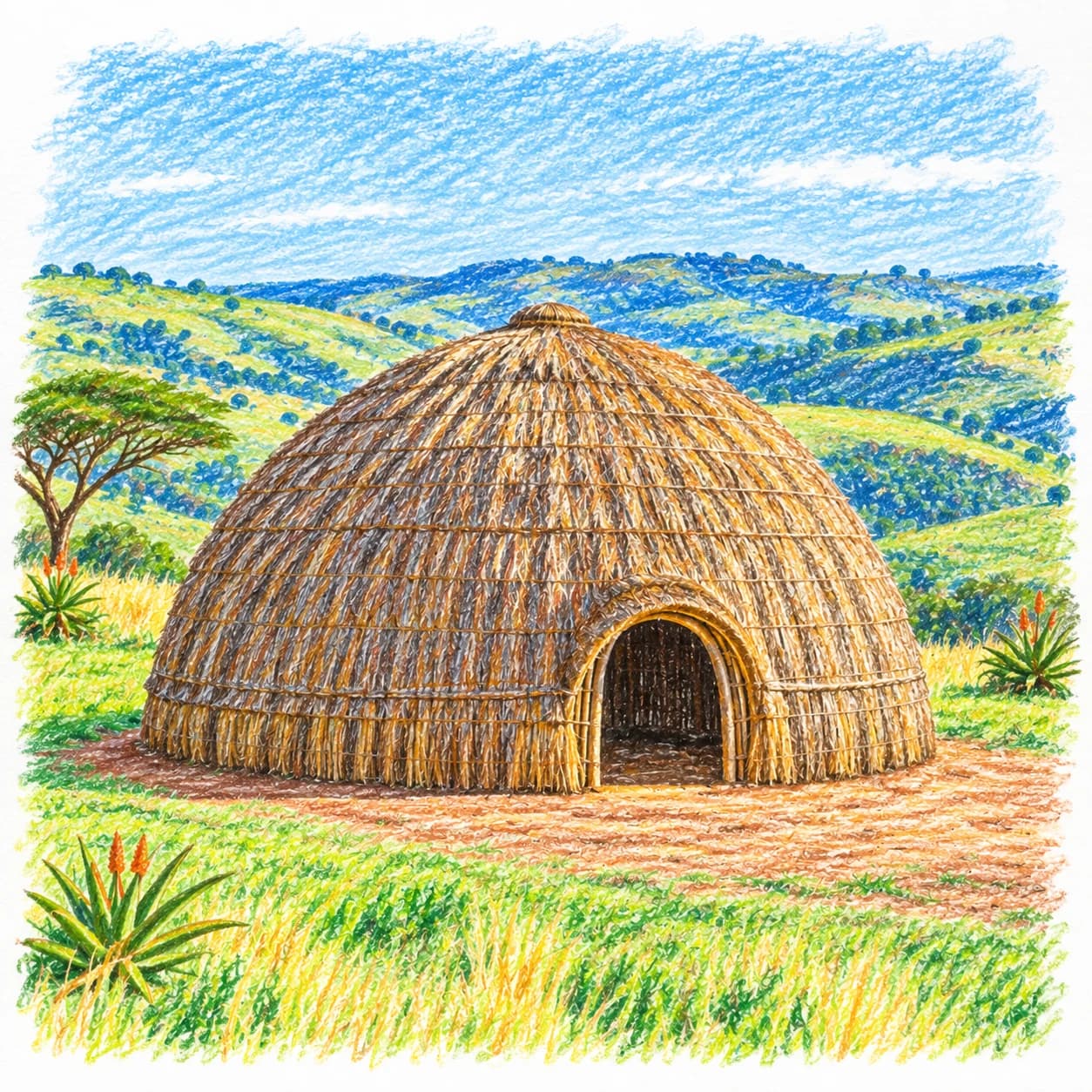 Modèle colorié: Coloriage de l'Afrique du Sud : hutte en herbe tressée