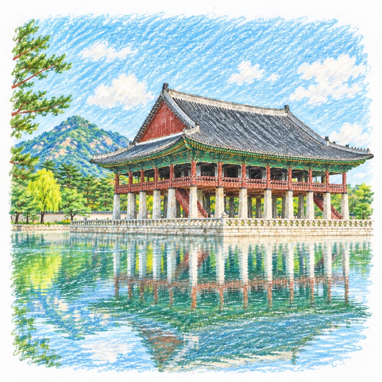 Modèle colorié: Coloriage de la Corée du Sud : pavillon sur l'étang