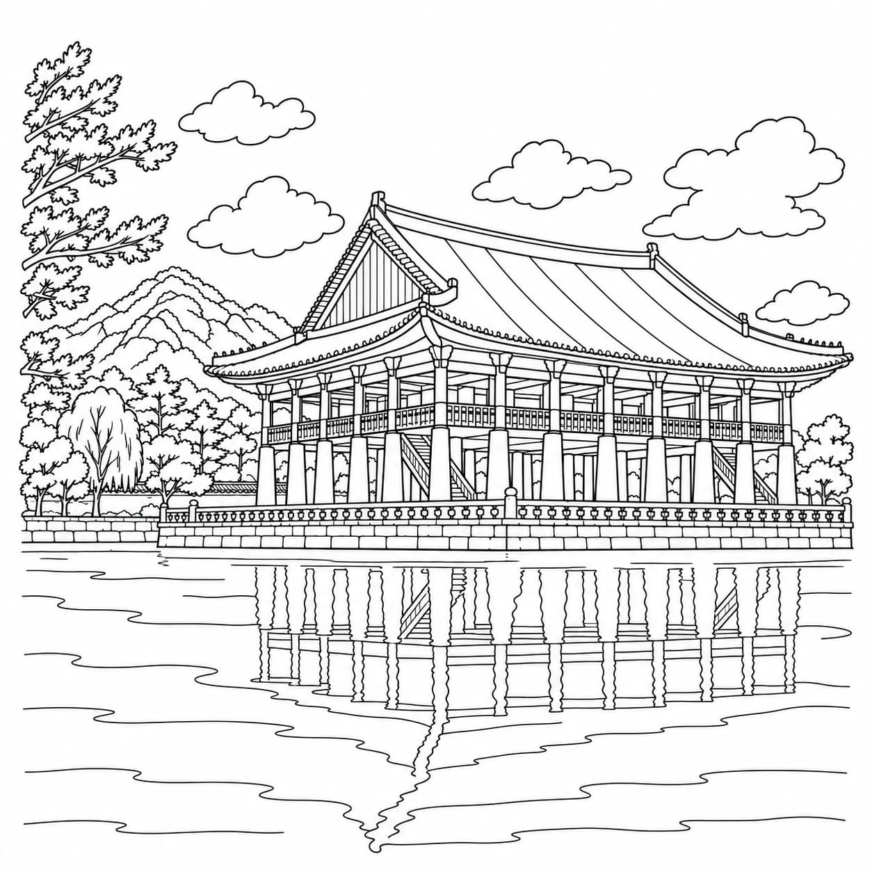 Coloriage: Coloriage de la Corée du Sud : pavillon sur l'étang