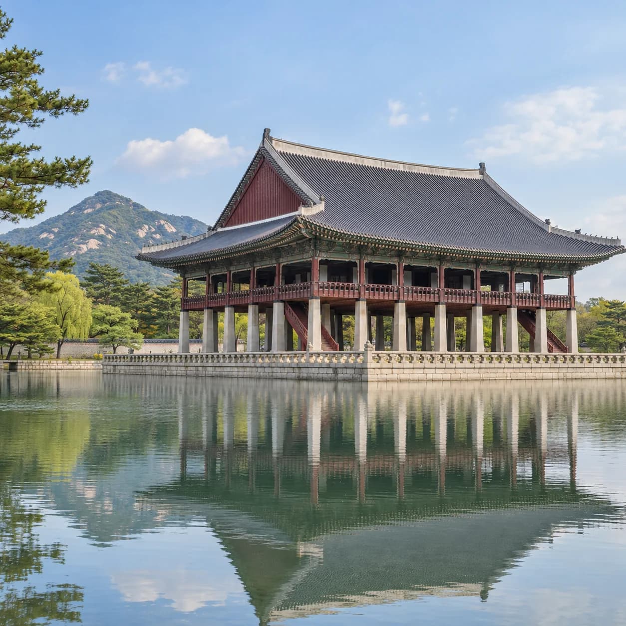Realistic source: South Korea coloring page: pavilion on a pond